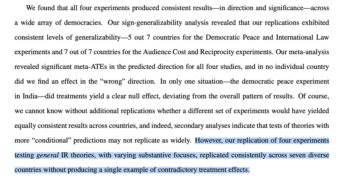 Important new paper for IR and experimental design generally from @BassanNygate, @chagai_weiss, and others. 'The Generalizability of IR Experiments Beyond the U.S.' 'findings from the U.S. are similar to findings from a wide range of democracies' 📄: preprints.apsanet.org/engage/apsa/ar…