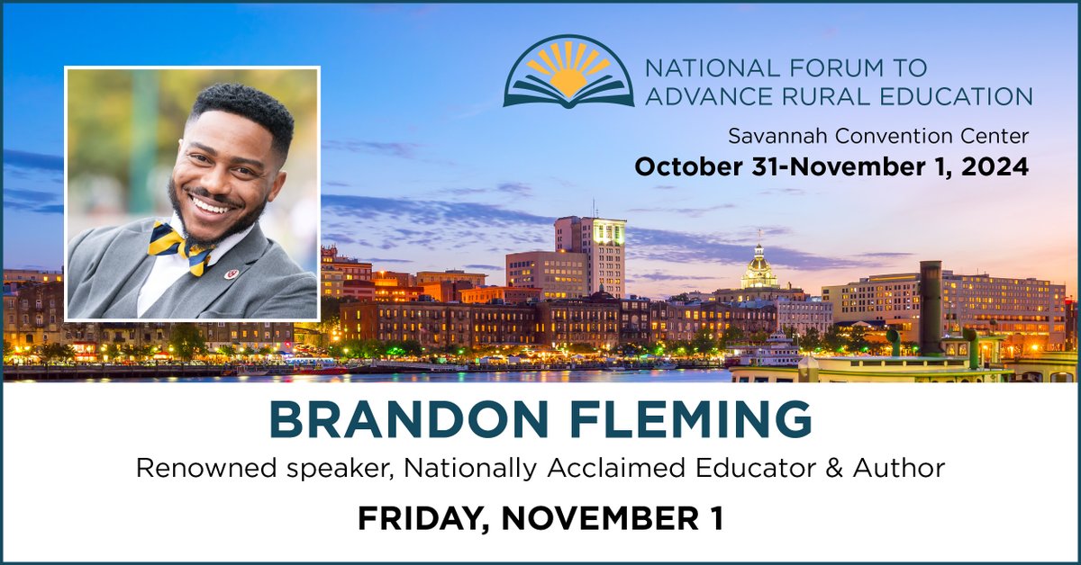 NEWS TO SHARE 👉 We are THRILLED to announce @bpfleming as one of our 2024 #RuralEdForum general session speakers. Join us on October 31-November 1 in Savannah, GA to see Brandon and hundreds of rural education leaders and practitioners! nrea.net/nfare/general-…