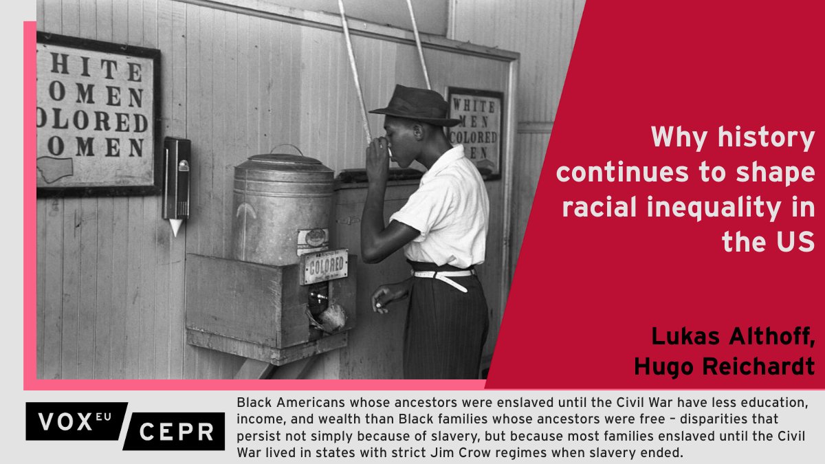 This column studies the long-run effects of #slavery, and the Jim Crow laws that enforced racial #segregation following the Civil War, on Black Americans’ #economic outcomes. Lukas Althoff @AlthoffLukas @Stanford, Hugo Reichardt @ReichardtHugo @LSEnews ow.ly/6zXs50R6vtM