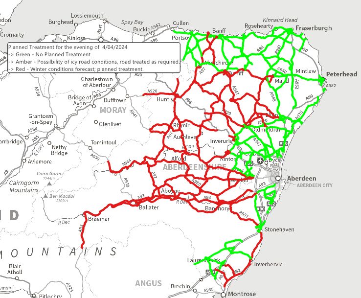 @AbshireRoads Thursday 4 April'24. 🌨️Winter Maintenance Operations for tonight. Our teams will be out early evening treating several priority routes. Met Office YELLOW weather warning for SNOW 03:00-09:00hrs on Friday. Please drive with care. @Aberdeenshire