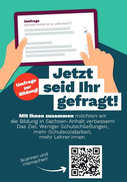 Umfrage zu den Themen Schul- und Bildungspolitik in Sachsen-Anhalt: Sachsen-Anhalt ist so "Old School"? 

Eure Erfahrungen interessieren uns und wir würden uns freuen, wenn ihr die Umfrage unterstützen würdet!
<a href="/LinksfraktionSt/">Linksfraktion_LSA</a>

Zur Umfrage: soscisurvey.de/bildungsstandl…
