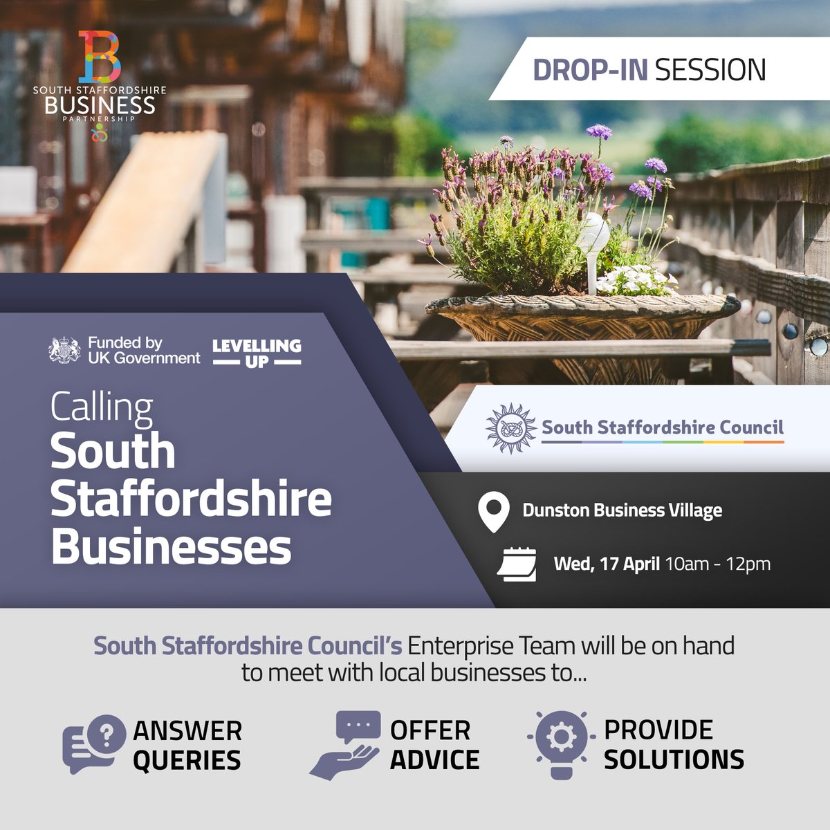 📣 Exciting news! Join us for our next Business Drop in Session at @DunstonBusiness Village, The Courtyard Bar & Restaurant, Wednesday, April 17th, 2024 at 10.00am - 12.00pm #southstaffordshire #ukspf #BusinessGrowth