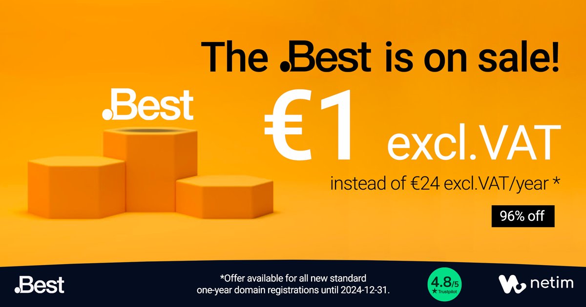 So who's the #best? 😎 Until 31st December, register your .BEST #DomainName for just €1 excluding VAT! 😍 📧 1 email address included 👇 Check availability netim.com/en/domain-name… @BestTLD #dotBest #domains #digitalmarketing #SEO