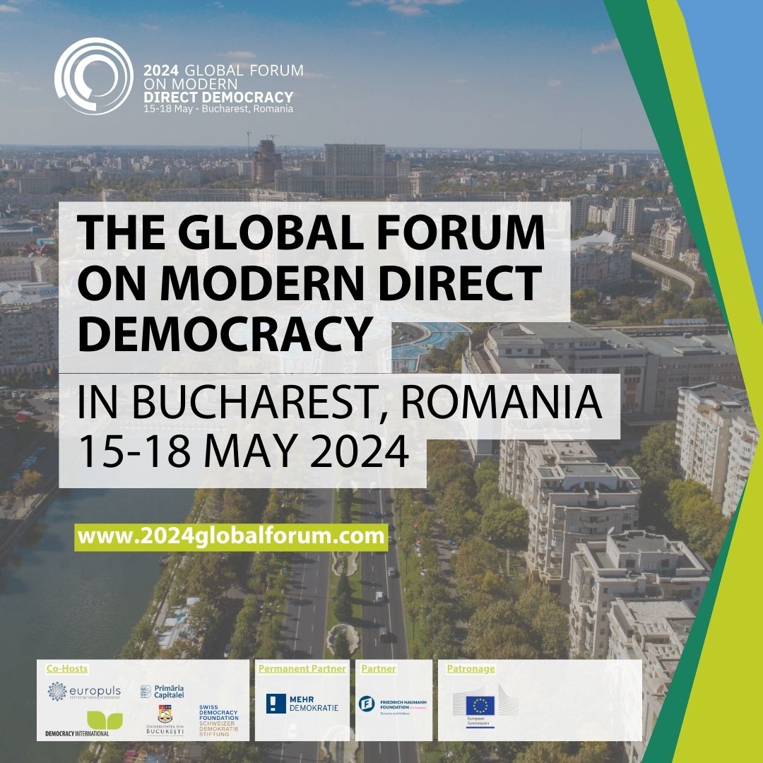 Herzliche Einladung: Das Global Forum on Modern Direct Democracy findet in diesem Jahr in Bukarest statt. Freut euch auf Vorträge, Diskussionen und Workshops auf der größten Konferenz zu direkter Demokratie und Bürgerbeteiligung. #gfmdd2024 Mehr Infos: democracy.community/stories/progra…
