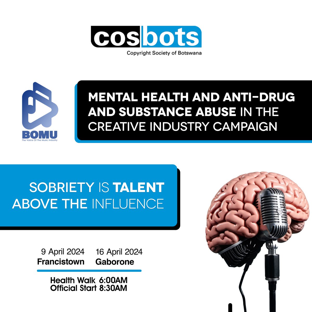 Dear COSBOTS Member

We are excited to extend an invitation to you for the forthcoming Mental Health, Anti-Drug, and Substance Abuse in The Creative Industry Campaign.

This significant event is a collaboration between COSBOTS and the Botswana Musicians Union (BOMU) 

#COSBOTS