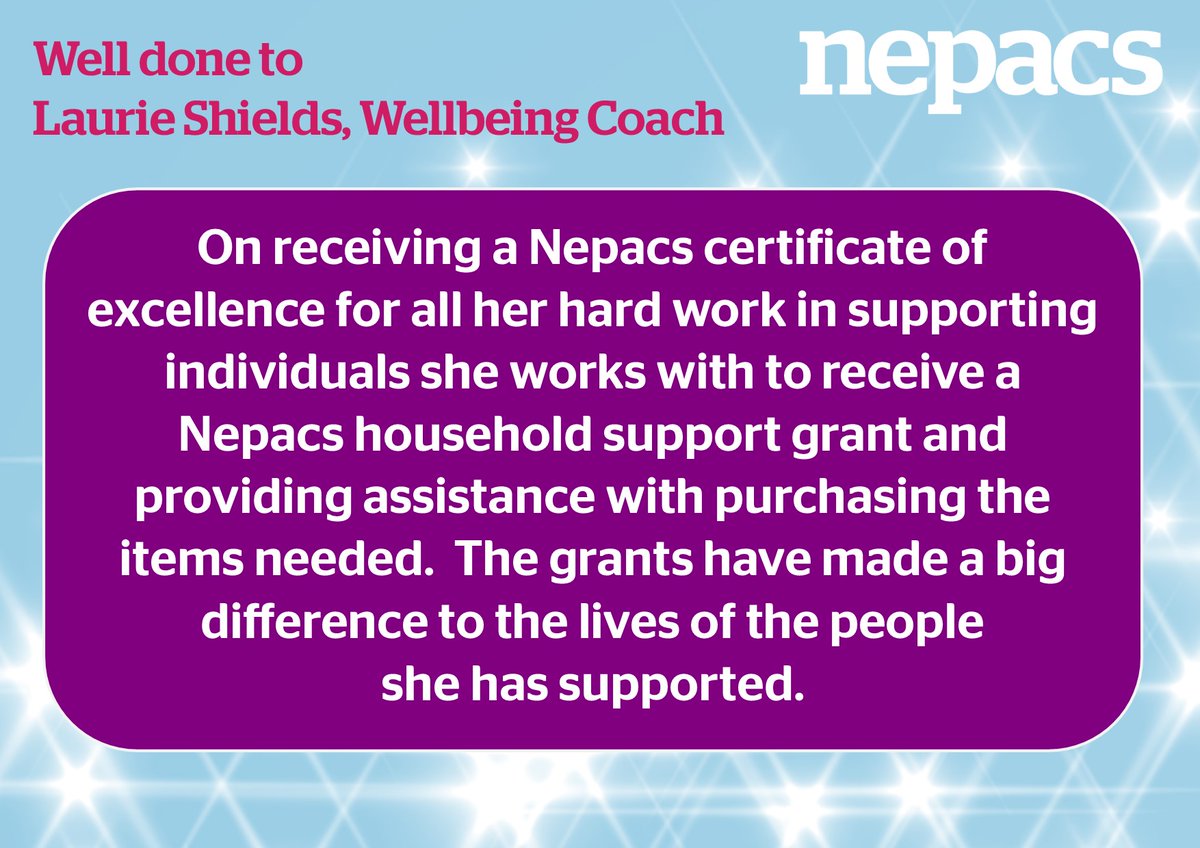 CONGRATS TO LAURIE SHIELDS on receiving a Nepacs certificate of excellence for her hard work in supporting individuals in Co Durham to obtain a Nepacs household support grant & helping to make a big difference to their lives. We distributed £9438 in grants to 53 households!
