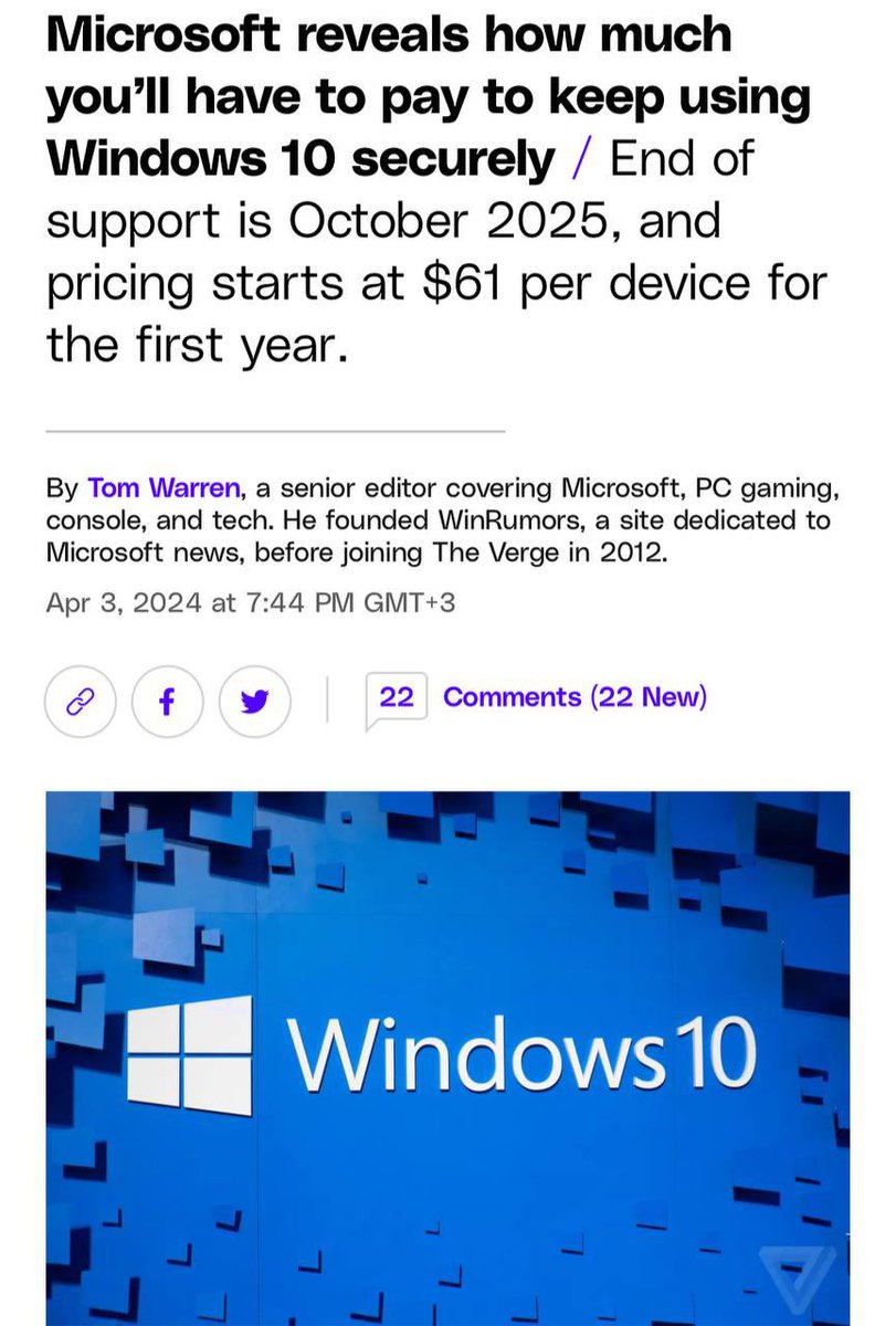 Windows 10 updates will not be free anymore.

In the fall of 2025, Microsoft will stop development of the operating system: the price of the first additional year of support will be $61, the second - $122, and the third - $244.