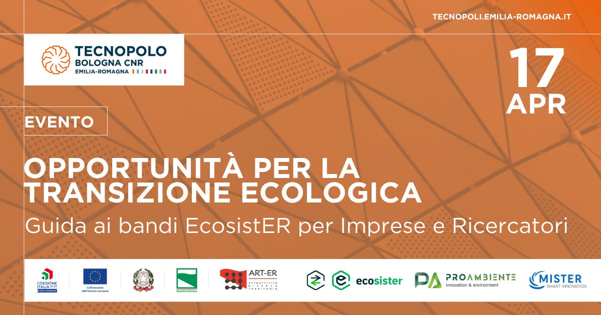 Sei un'impresa, startup, spinoff oppure operi nel mondo della ricerca? Ti occupi di innovazione, sostenibilità e transizione ecologica?

Vieni a scoprire i bandi Ecosister il 17/4 durante il webinar organizzato dal Tecnopolo Bologna CNR.

ISCRIVITI QUI  &gt; bit.ly/evento-guida-b…