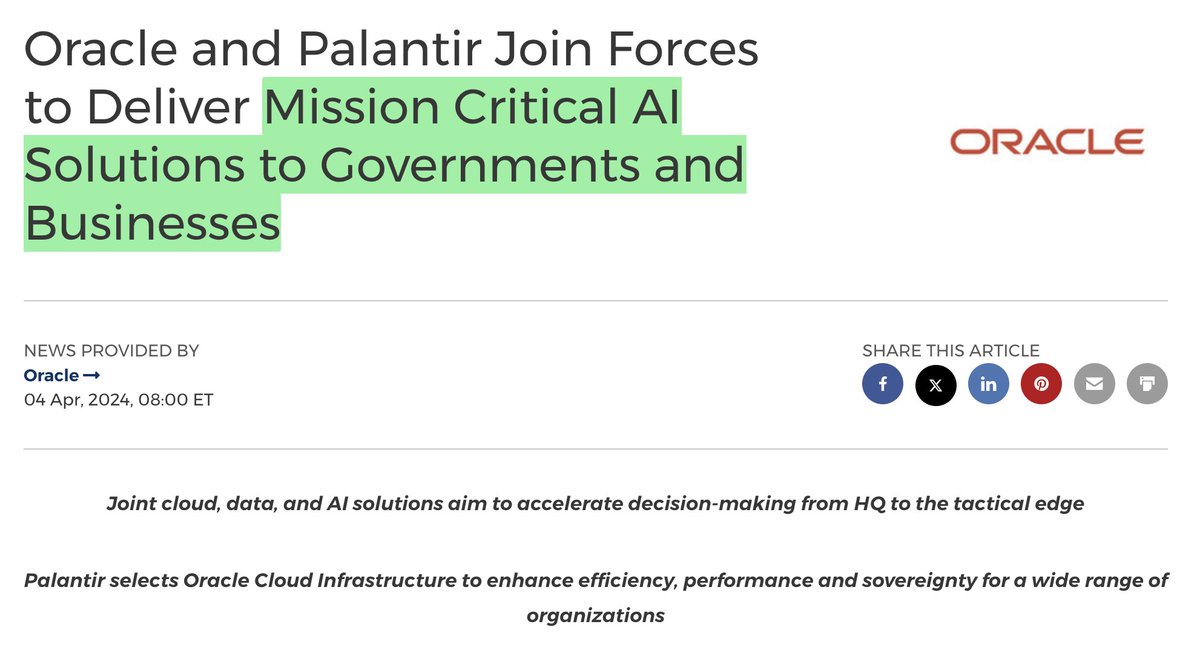 $PLTR partners with @Oracle to Deliver Mission Critical AI Solutions to Governments and Businesses. Learn more 👇