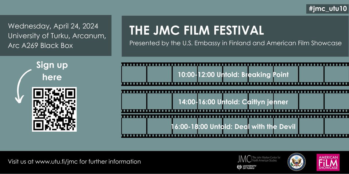 Join us for the first ever JMC Film Festival! The Festival is in collaboration with the U.S. Embassy in Finland and American Film Showcase. We’ll screen three films from the documentary series ”Untold.” #jmc_utu10 @usembfinland @FilmShowcase