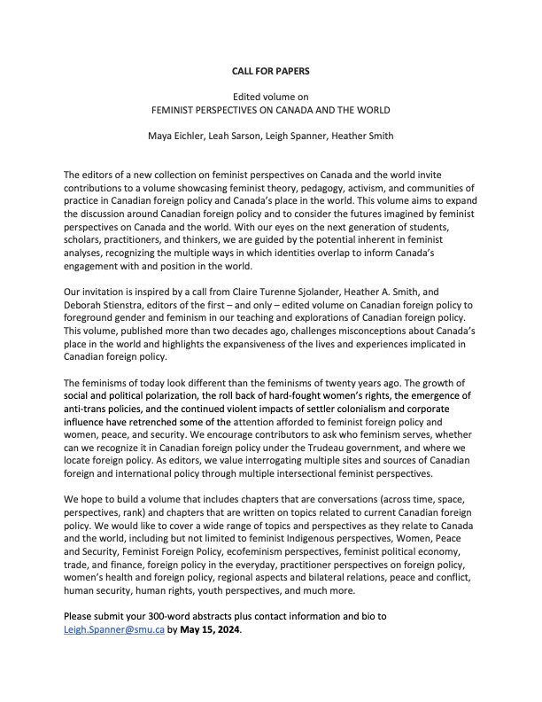 LAnneSpanner's tweet photo. Call for Papers 
Edited volume on Feminist Perspectives on Canada and the World
Please share! https://t.co/HHTVjewTTu