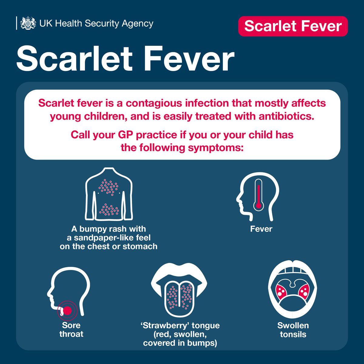 Scarlet fever is usually a mild illness but can be serious if left untreated. It's highly contagious and mostly affects young children. If you think you or your child has symptoms, contact your GP practice. More info: nhs.uk/conditions/sca…