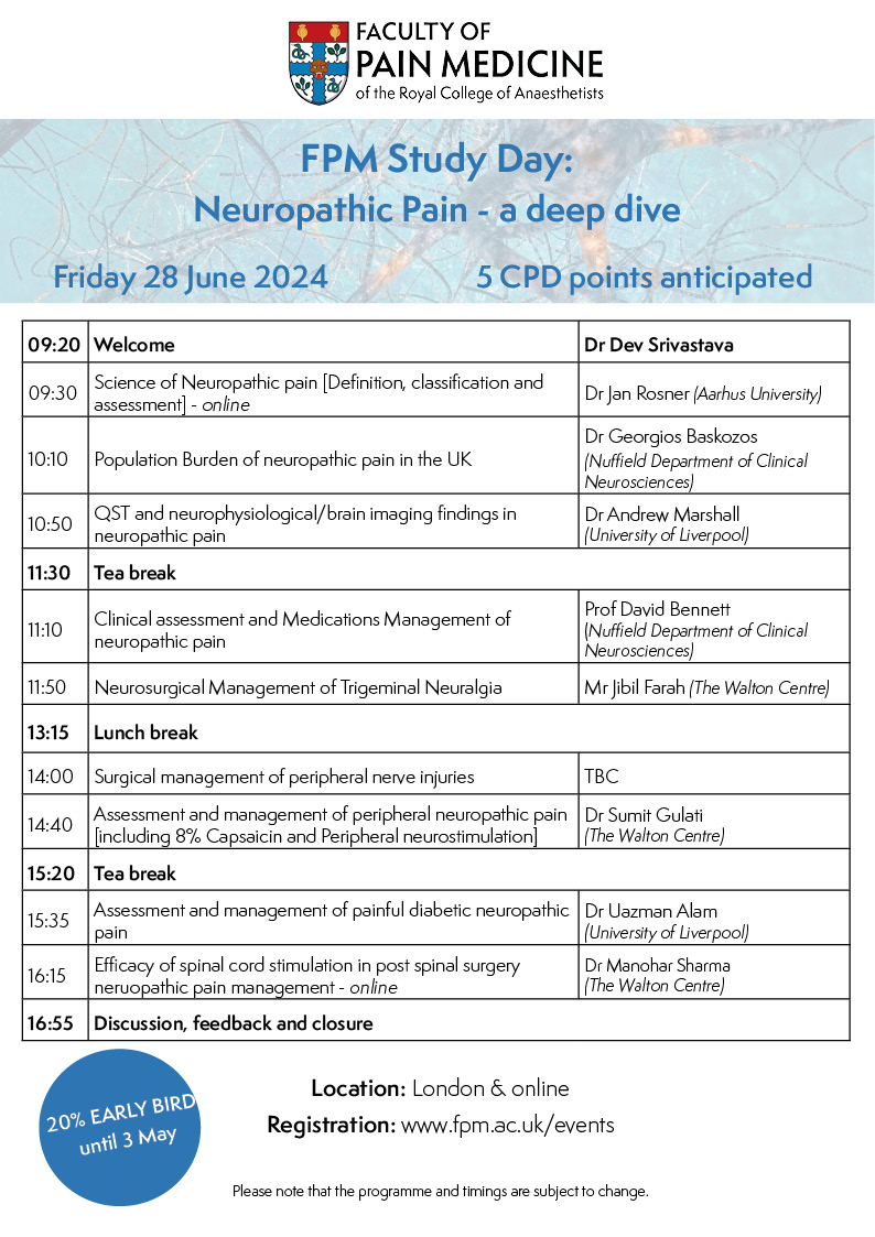 Our Early Bird offer for the FPM Study Day has been extended to 3 May! The event provides a great opportunity to take a deep dive into Neuropathic Pain. Book to attend online or join us in London on 🗓️ Friday, 28 June: fpm.ac.uk/events/fpm-stu…