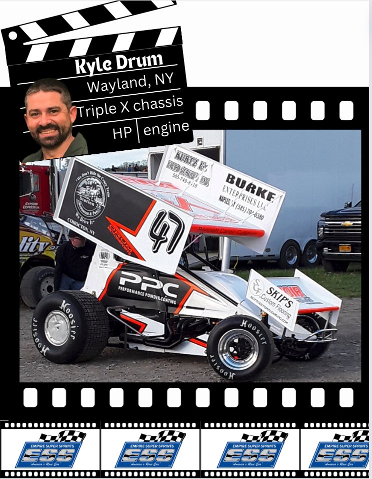 Kyle Drum has joined ESS for the 2024 season. Kyle's #47 Triple X chassis with a HP engine is backed by Station 26 Restaurant & Pub, Skip's Custom Flooring, Kuntz Field Service, Performance Powder Coating & Empire Tractor. Check out ESS' schedule at empiresupersprints.com