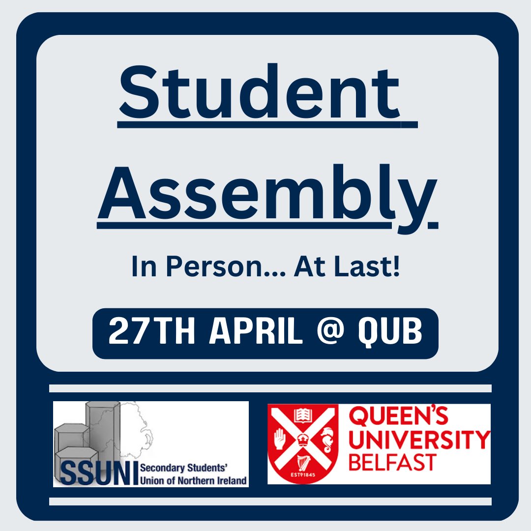 SSUNI is pleased to announce that our annual Student Assembly will be on the 27th April! But for the first time, Student Assembly will be in person at @QUBelfast! This is an incredible milestone and we’re so proud of how far we’ve come - stay tuned for exciting announcements!