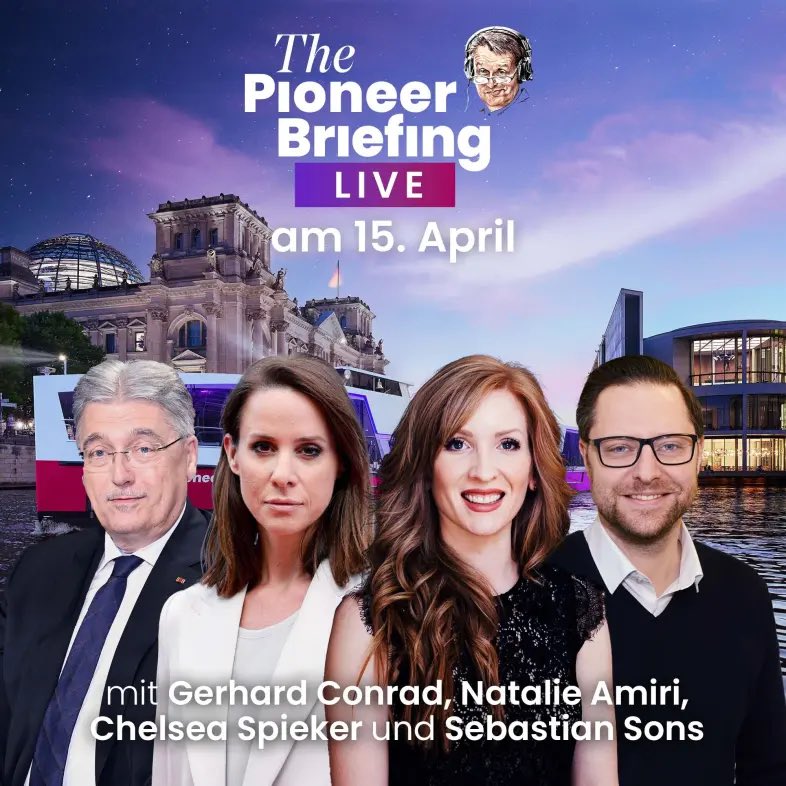 The Pioneer Briefing LIVE auf dem Boot in Berlin mit Chelsea Spieker, Natalie Amiri, Gerhard Conrad und Sebastian Sons thepioneer.de/events/156180-…