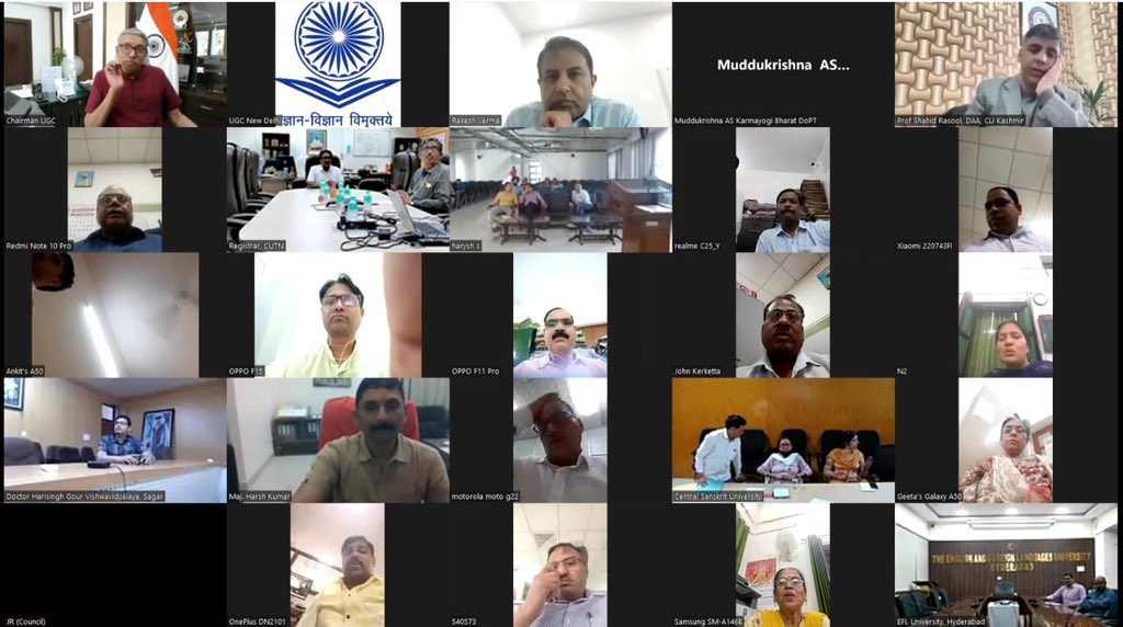 Chairman UGC, Prof. <a href="/mamidala90/">Mamidala Jagadesh Kumar</a> heads an online orientation session on iGOT Karmayogi platform for non-teaching staff of 45 Central Universities with Shri Abhishek Singh, Additional Secretary, MeitY and CEO Mission Karmayogi. 

#UGC #iGOTKarmayogi