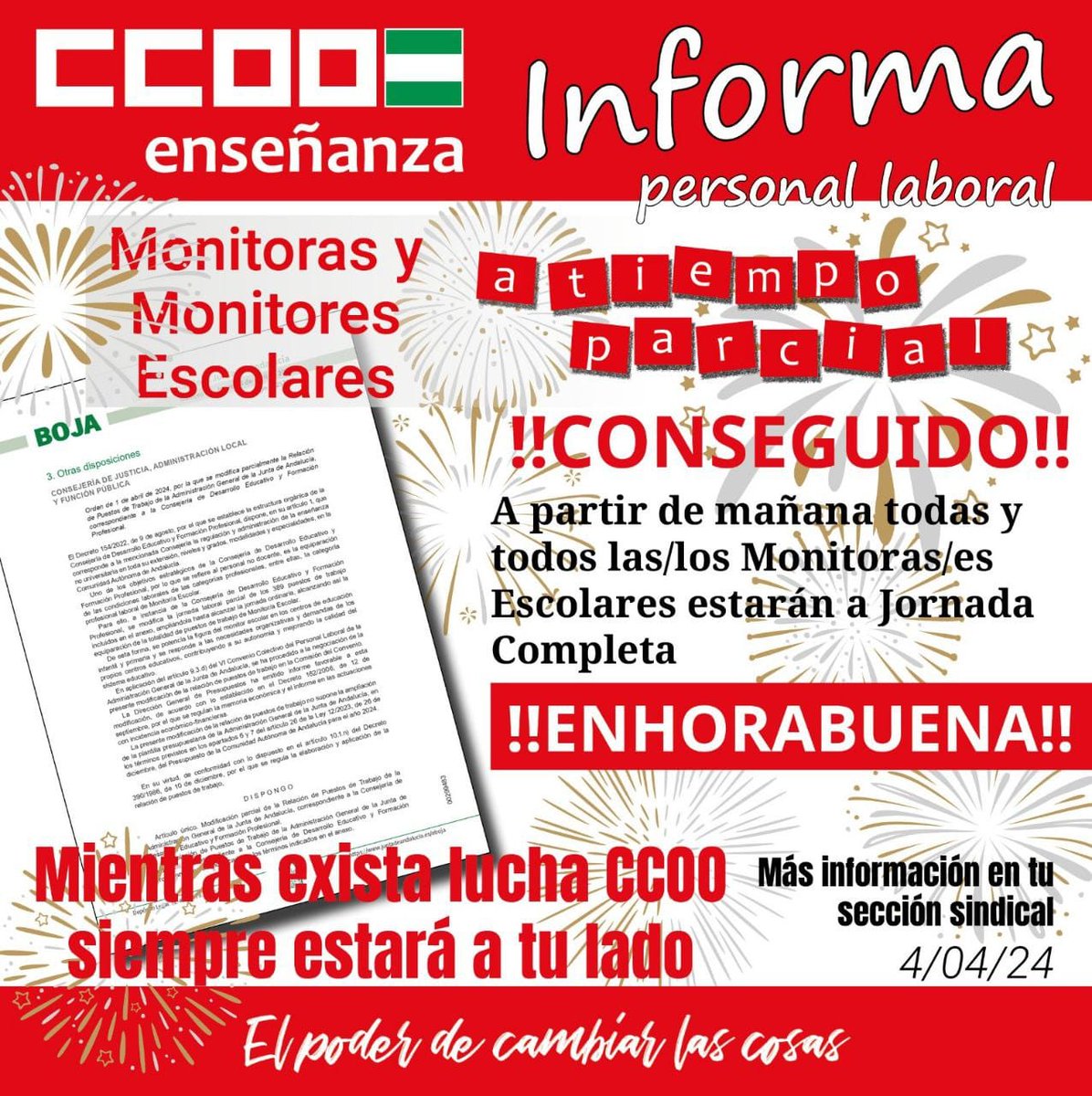 Ya sí 💪💜💪
Publicado en BOJA,
hoy celebramos!!  🎊🎉🥳

💜Que los sueños se cumplen💜

Tras 10 años y 51 días 😱🤬 las 
💜 #MonitorasEscolares 💜
💜somos iguales💜

No se gana lo que no se lucha y hoy
#MonitorasEnLucha junto a #CCOO GANAMOS 💪👊✊