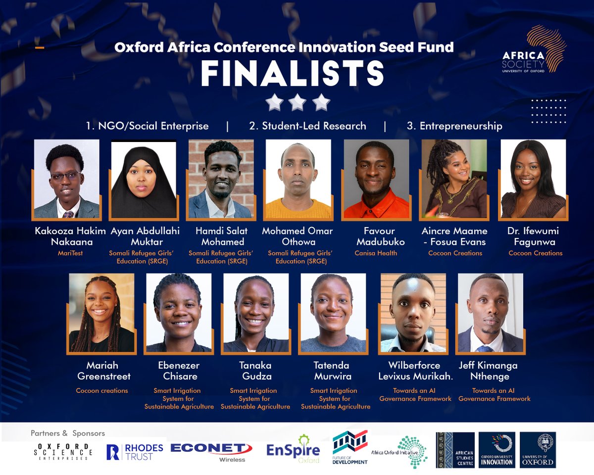 We are thrilled to announce our Innovation Seed Fund finalists!🎉 These visionary projects tackle Africa's challenges head-on. Stay tuned as we spotlight their inspiring work leading up to the May 24th and 25th conference, 2024. #OxfordAfricaConference2024 #ISF24
