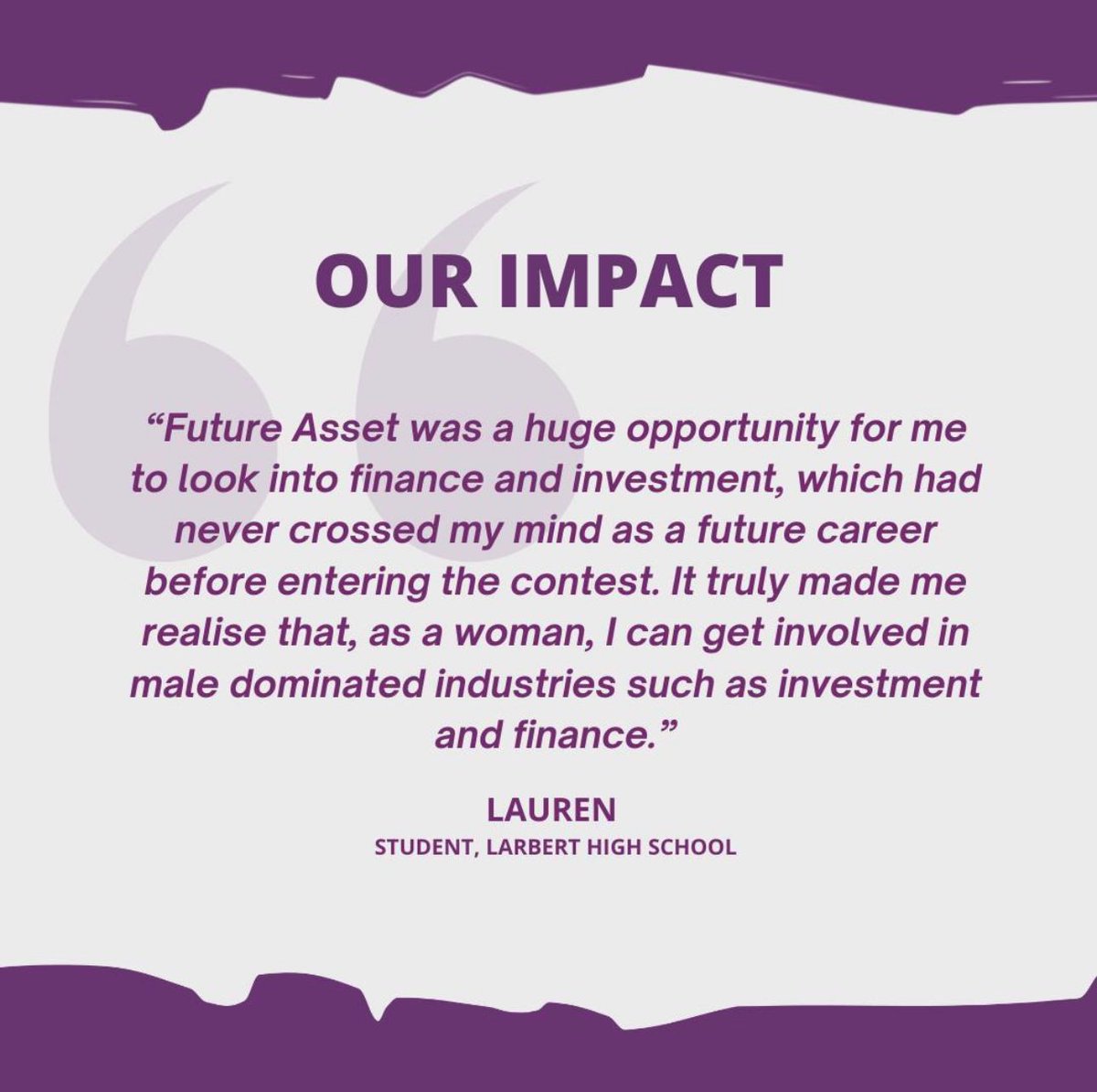 Empowering women is what we do best! Future Asset enthuses young women about careers in investment management as well as busting myths about the #finance sector. We aim to expand horizons and widen the talent pipeline for a brighter future. #IAmAnAsset