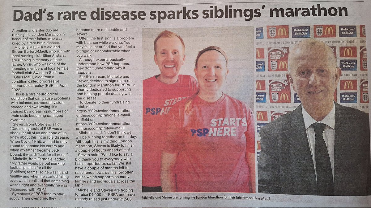 My sister @Michelle131181 and I are in the local newspaper the @swindonadver in an article about our @LondonMarathon run aiming to raise funds for @PSPAssociation. All in memory of our dad. You can donate at: 2024tcslondonmarathon.enthuse.com/pf/steve-maull… Thank you.