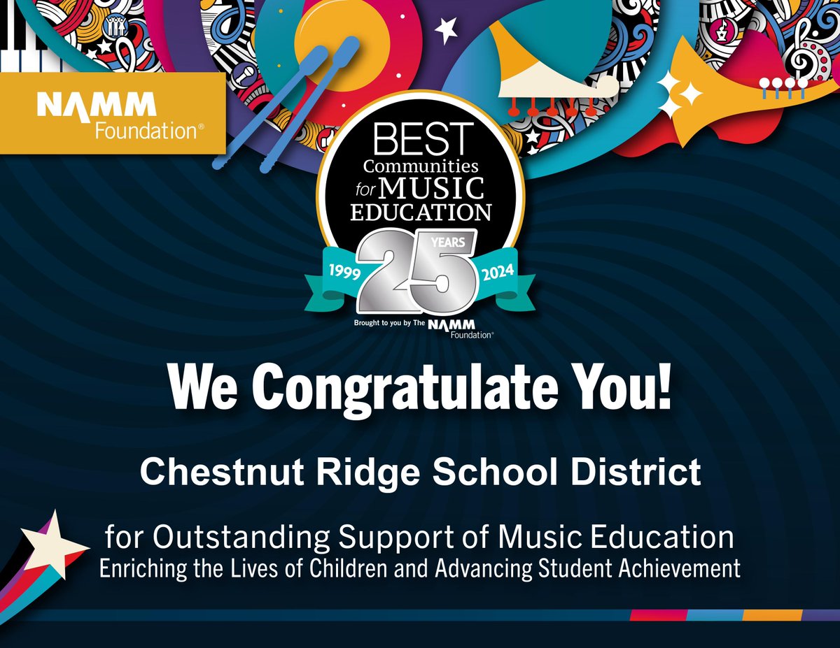 We're thrilled to announce that Chestnut Ridge School District has been honored once again by the NAMM Foundation as one of the nation's Best Communities for Music Education!

For the second consecutive year, we've received this prestigious recognition, an