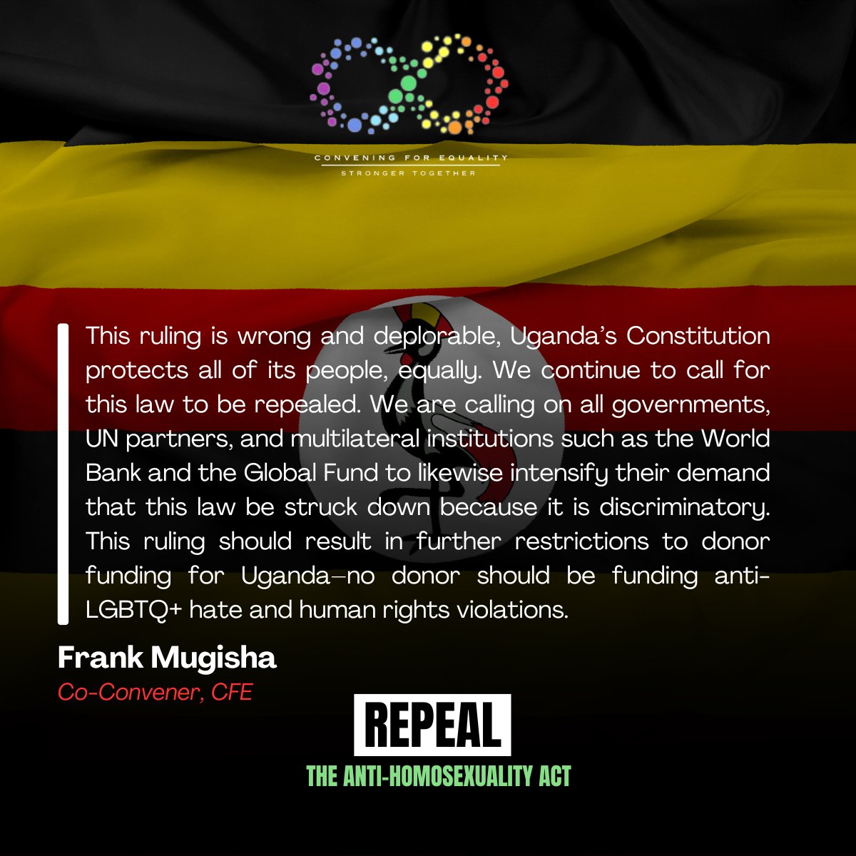 'We continue to call for this law to be repealed and we are calling on all governments, UN partners, and multilateral institutions such as the World Bank and the Global Fund to likewise intensify their demand that this law be struck down.' @frankmugisha/@SMUG2004 #RepealAHA23 /1