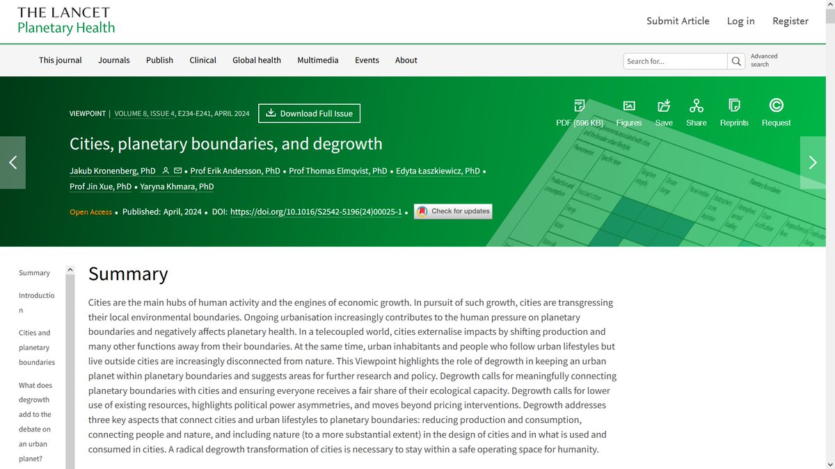 A radical #degrowth transformation of #cities is necessary to stay within a safe operating space for humanity #planetaryboundaries #PlanetaryCrisis #urbanplanet Cities as novel environments and entities.

Out now in @TheLancetPlanet
Funded by @NCN_PL

doi.org/10.1016/S2542-…