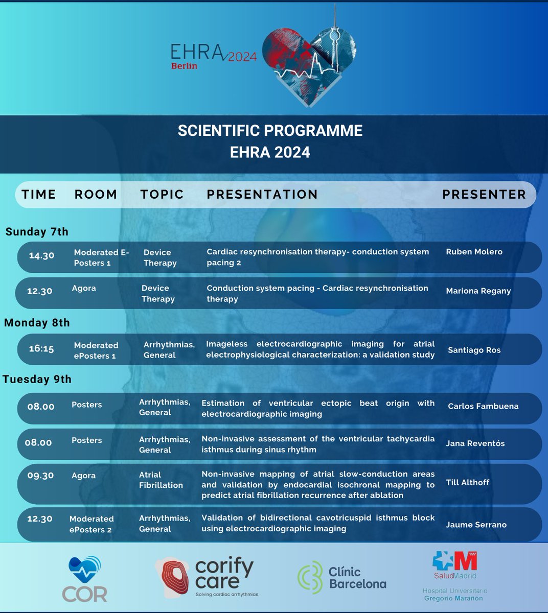Coming up this weekend at #EHRA2024: Bringing high-speed, high-precision non-invasive mapping to clinical practice, from #AF through flutters and VTs to to #CRT. Don't miss out on this breakthrough in cardiac care! #cardiology #innovation #healthtech <a href="/corifyAF/">Corify Care</a> <a href="/cor_grupo/">COR Group</a>
