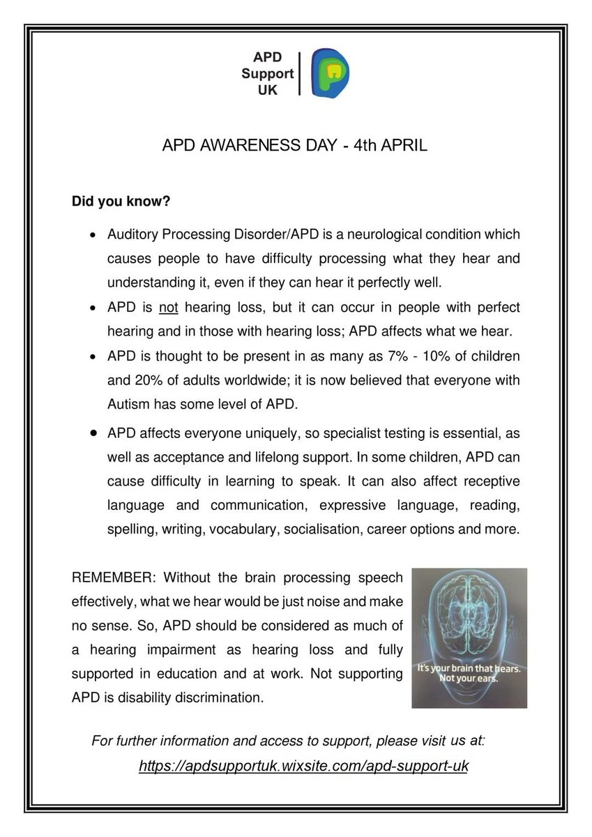 Please share to raise APD awareness. #apdsupportuk #audiology #apd #auditoryprocessingdisorder #apdawareness #hearingdisorder #dyslexia #autism #autisticspectrum #speechandlanguage #disabilityawareness #school #invisibledisability #education #earlyintervention #inclusionmatters