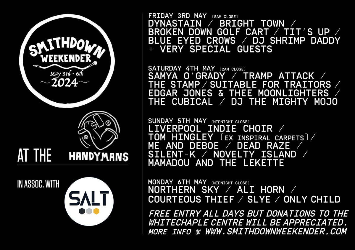 Join us at @SmithdownFest 2024 at @handymanSmarket / @handymanbrewery Friday 3rd - 6th May Feat: @brighttownband @brokendowngolf @Trampattack1 @tomhingleymusic @courteousthief @Slyemusic + Loads More! Beer from @SaltBeerFactory Free Entry / donations to: @WhitechapelLiv