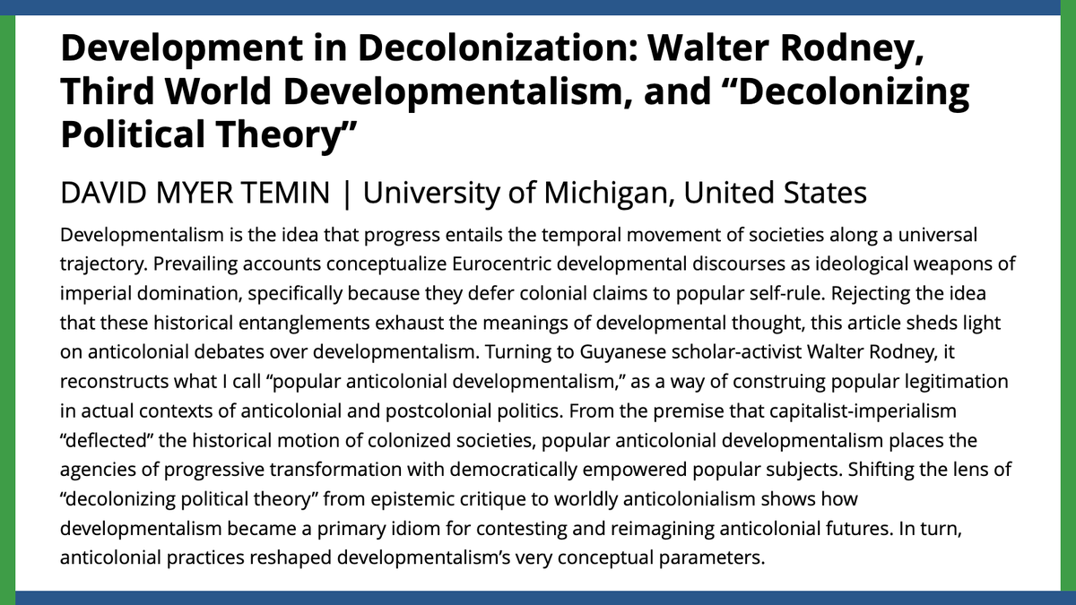 In this #TBT, @david_temin seeks to provoke a broader shift in the overarching enterprise of “decolonizing political theory” toward scrutinizing the dilemmas of situated theorizing in postcolonial & anticolonial contexts. #APSR ow.ly/hiGN50R1IQg
