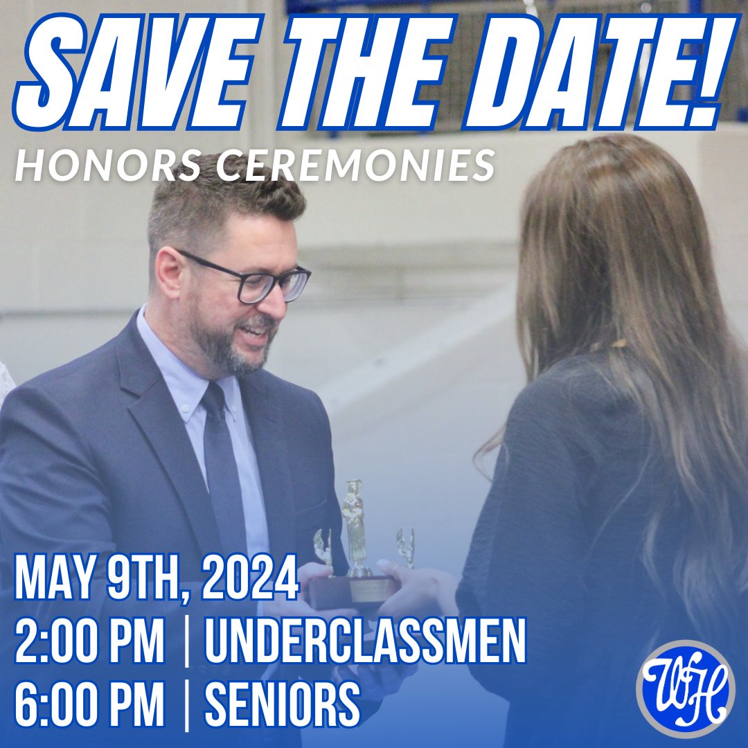Save the date! Our Honors Ceremonies will take place at the following times: 

Underclassmen - May 9th @ 2:00 pm in the Jeff Bennett Gymnasium
Seniors - May 9th @ 6:00 pm in the Jeff Bennett Gymnasium

#whitehousebdp #bdp