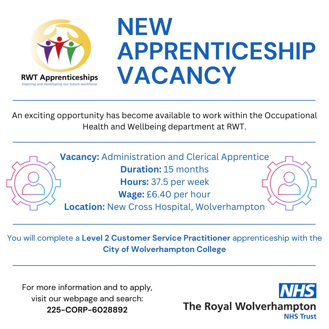 ⭐ NEW APPRENTICESHIP VACANCY ⭐ Supporting our Occupational Health team at @RWT_NHS with their admin & clerical duties. Apply now if you have excellent communication, able to work in a fast paced environment & have good knowledge of MS Office. #apprenticeship #NHS #career