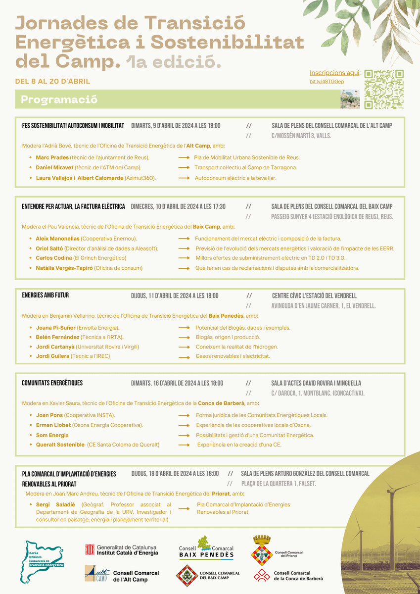 JORNADES DE TRANSICIÓ ENERGÈTICA I SOSTENIBILITAT 📢Avui s'han presentat les primeres Jornades que cinc Consells Comarcals del Camp organitzen aquest mes d'abril. 👉La primera sessió es farà el dimarts 9 d'abril a les 18h al @ConsellAltCamp ℹ️bit.ly/JornadesTESCamp #AltCamp