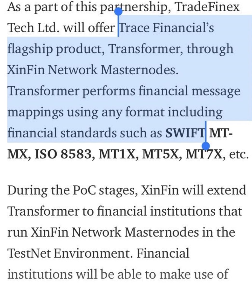 #XDC Trace Financial announces a strategic partnershup with IBM and thier LinuxONE network.

TradeFinex will offer Trace Financial's flagship product, Transformer, through #XDC Network Masternodes.

I haven’t seen any updates of this partnership but I think they are still working…