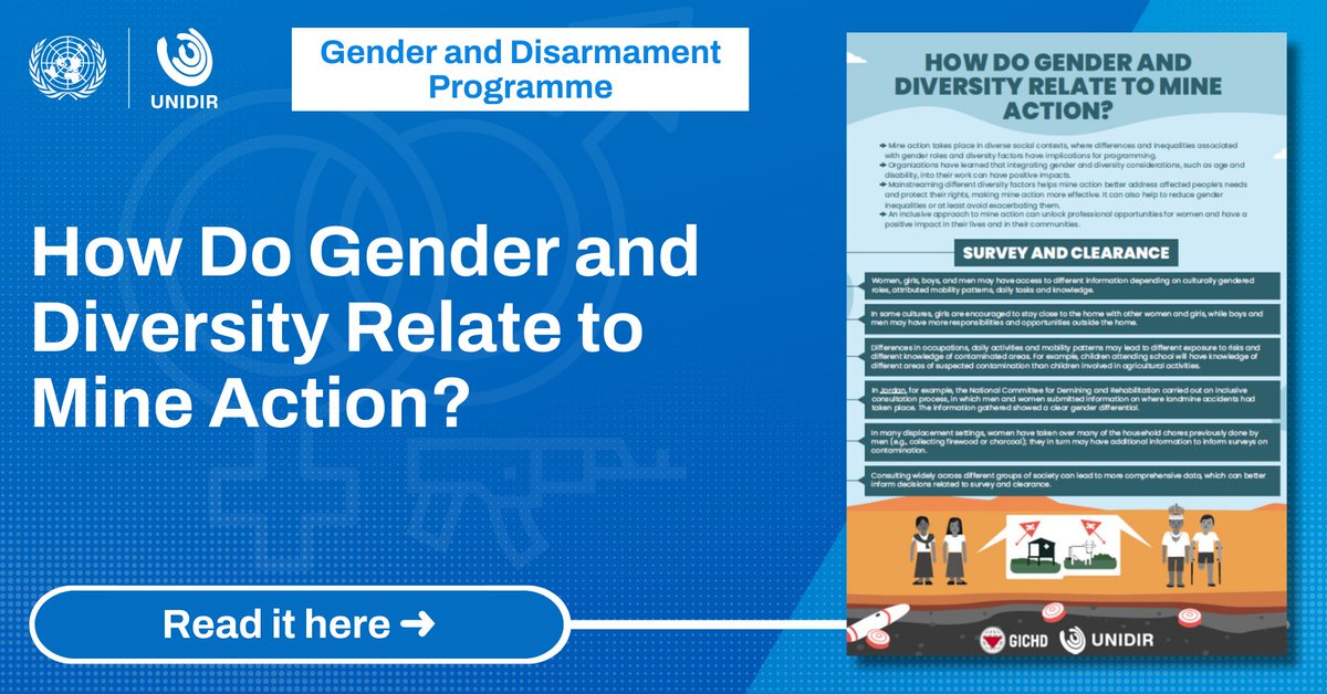 This #MineAwarenessDay, we release our new explainer, created together with @theGICHD. 🛠️🌏 Learn the significance of embedding gender, age, and disability insights into Mine Action practices. Read it here 📚👉🏾 unidir.org/GD-MineAction #IMAD2024 #ProtectAndBuild