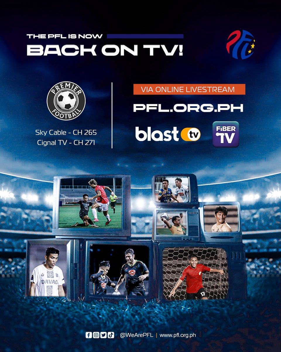 Ready to catch all the Philippine Football League action? Tune in via pfl.org.ph, blasttv.ph, Fiber TV, or Premier Sports! Don't miss a minute of the excitement. 📱💻️📺 #PFLOnTheRise #SupportLocalFootball
