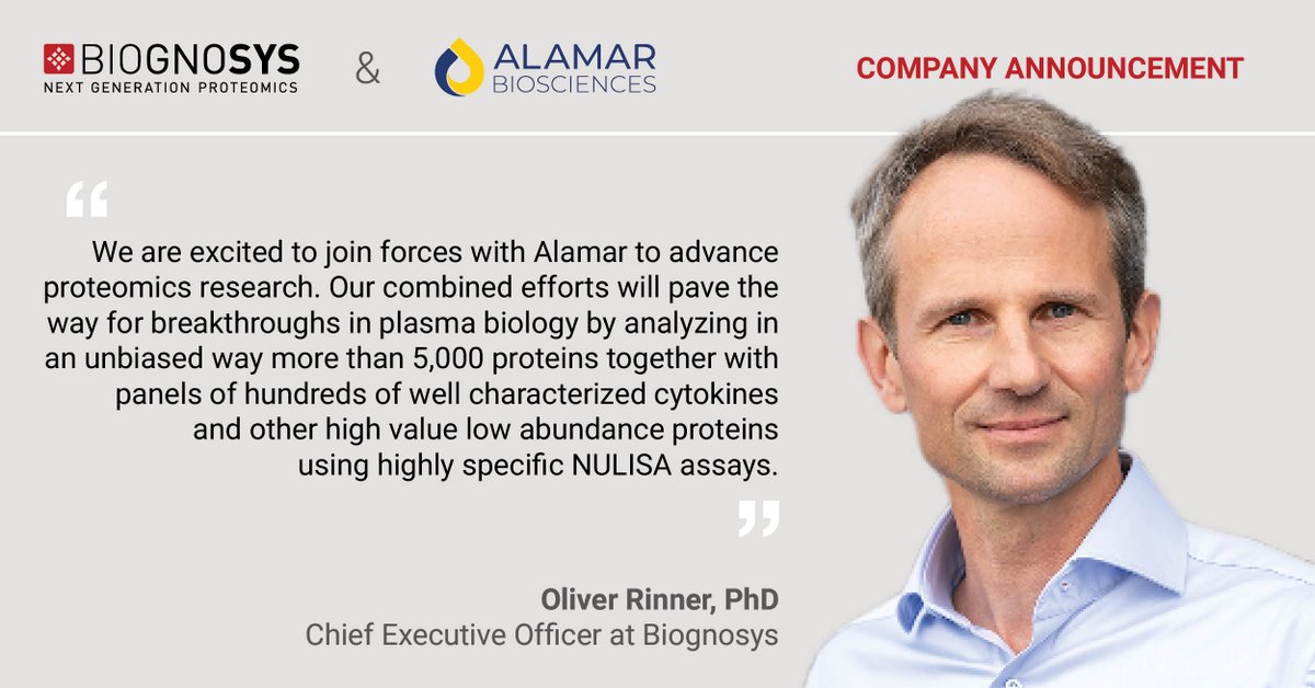 Biognosys and Alamar Biosciences forge partnership, combining our expertise in unbiased discovery and Alamar's ultra-high sensitivity immunoassays. We will offer Alamar's NULISA assays and embark on joint research to explore plasma biology. Press release: ow.ly/cg5O50R8isN