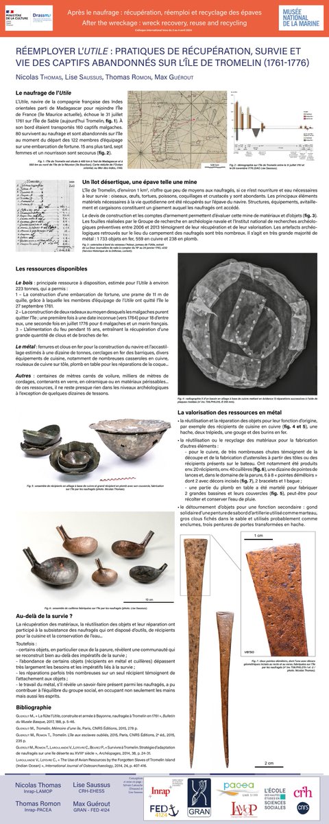 LSaussus's tweet photo. Cette semaine s'est tenu le colloque "Après le naufrage : récupération, réemploi et recyclage des épaves" @Drassm_culture @museemarine ! Avec Nicolas Thomas, Thomas Romon et Max Guérout, nous y avons présenté ce poster ! #Tromelin #ressources #réemploi https://t.co/VpphpxXfKh