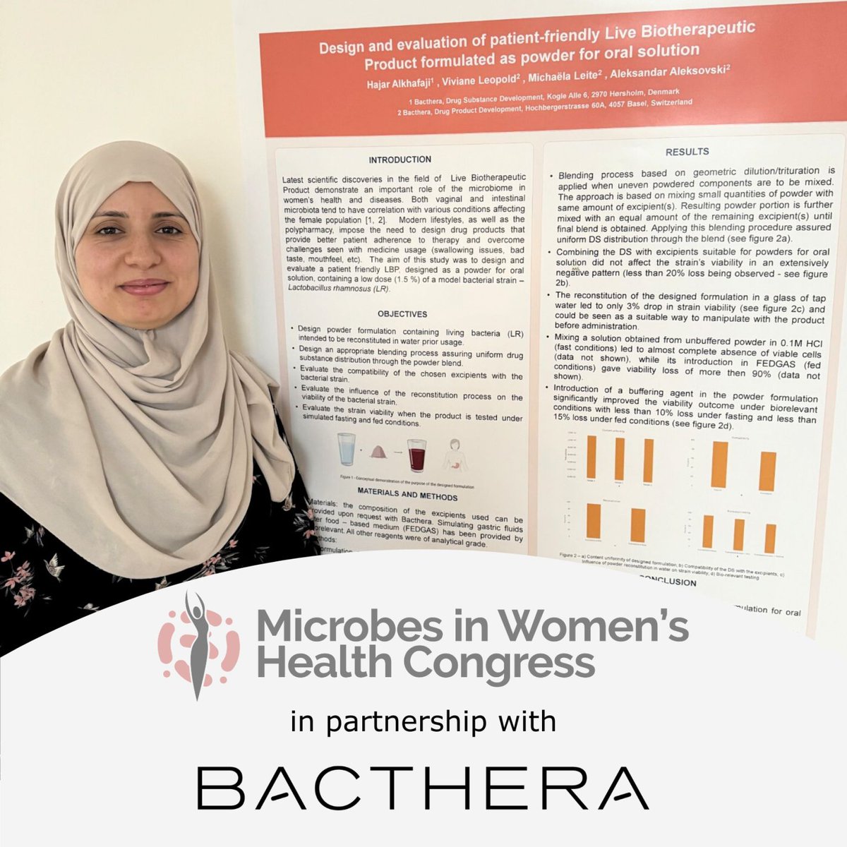 BactheraAG's tweet photo. Hajar's poster is all about designing a women's health patient-friendly LBP containing 𝘓. 𝘳𝘩𝘢𝘮𝘯𝘰𝘴𝘶𝘴".
⭐️Women's health will be the focal point next week in Copenhagen at the Microbes in Women's Health Conference, presented by @MicrobiomeTimes. 

Come &amp; meet us there! https://t.co/jLMCxeDguj