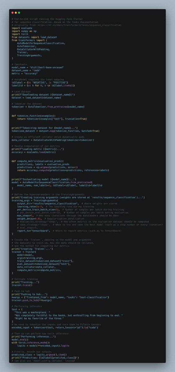A resource I keep coming back to often is the @huggingface Trainer example zoo I made awhile back. Want a quick way to just 'run the trainer' and verify your setup works? Or just see minimal working examples that can be substituted for any model? Check it out…