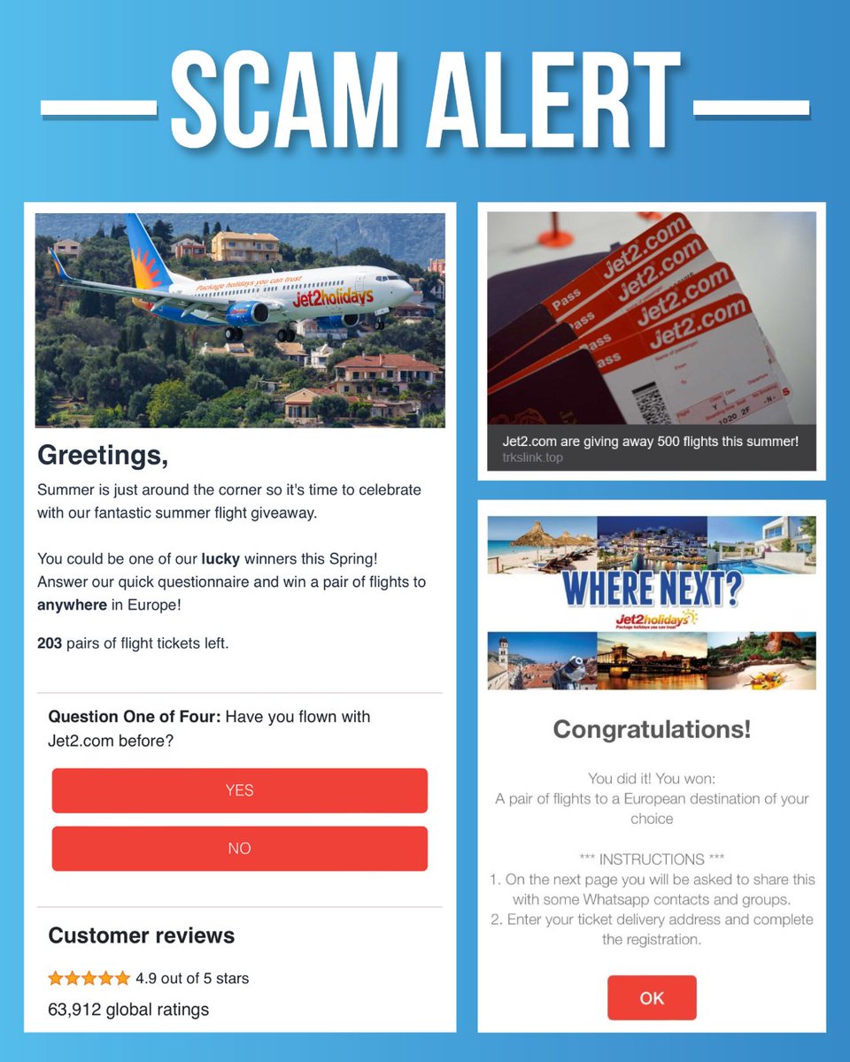 ⚠️ SCAM ALERT ⚠️ We've been made aware of several links and messages being shared across WhatsApp and other platforms directing to competitions to win Jet2 flights. Please note these are in no way connected to Jet2.com, Jet2holidays or any of our sub brands.