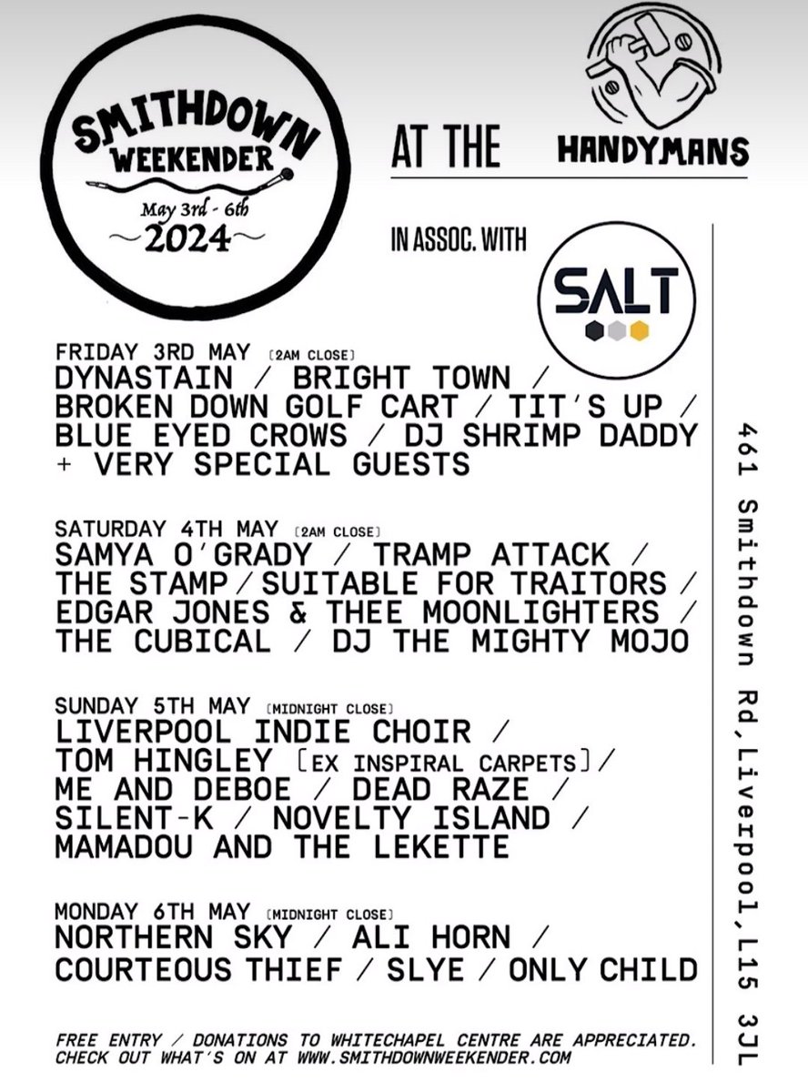 Great lineup @handymanbrewery #SmithdownWeekender 2024. May 3-6 w/ @brighttownband @brokendowngolf @_titsupband Tramp Attack, @edgarsummertyme & The Moonlighters, @tomhingleymusic @Silent__K__ @_noveltyisland @alialihorn & many more! *FREE ENTRY* / donations to @WhitechapelLiv