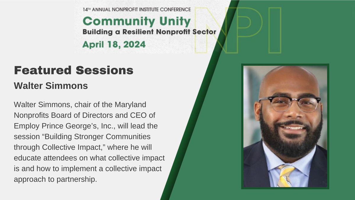Nonprofit Institute (@nonprofitinscsm) on Twitter photo During our conference, Walter Simmons, chair of the Maryland Nonprofits Board of Directors (<a href="/mdnonprofits/">Maryland Nonprofits</a>) and CEO of Employ Prince George's, Inc. (<a href="/employpg/">Employ Prince George's</a>), will lead a session about collective impact. Registration is open: bit.ly/NPI-conference⦠During our conference, Walter Simmons, chair of the Maryland Nonprofits Board of Directors (<a href="/mdnonprofits/">Maryland Nonprofits</a>) and CEO of Employ Prince George's, Inc. (<a href="/employpg/">Employ Prince George's</a>), will lead a session about collective impact. Registration is open: bit.ly/NPI-conferenceā¦