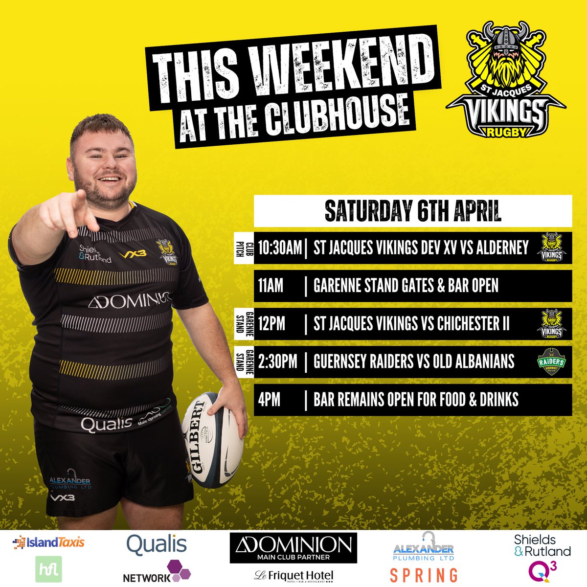 What a great Saturday there is in store at Footes Lane for our One United Fixture in partnership with @guernseyraiders! 🏉There are 3️⃣ live matches to enjoy With great drinks & food available, make Footes Lane the place to spend your Saturday! ⚫️🟡 #𝙏𝙃𝙀𝙑𝙄𝙆𝙄𝙉𝙂𝙎𝙒𝘼𝙔