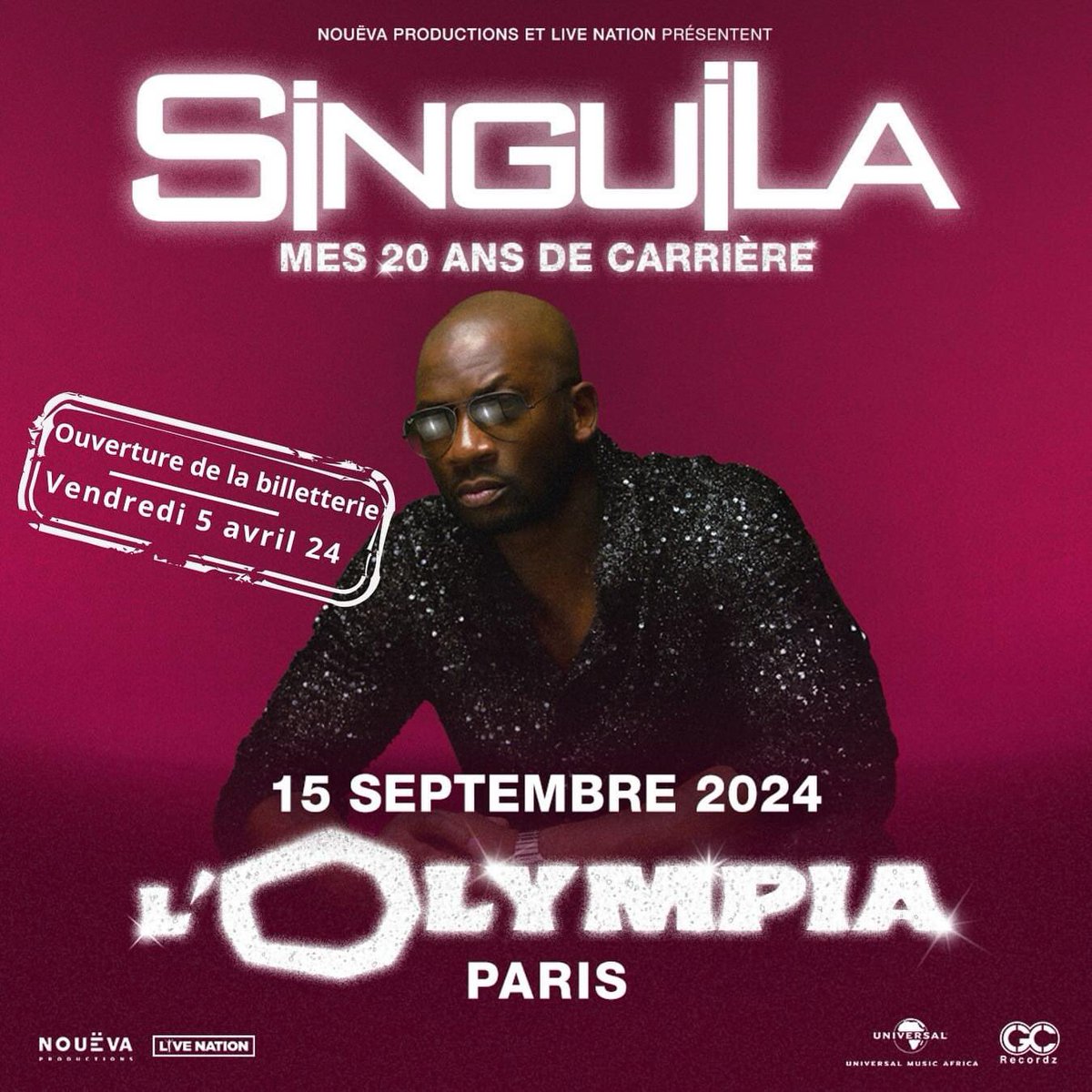 [ÉVÉNEMENT 📣🚨] 

L'artiste @SinguilaMusic célébrera ses #20ans de carrière à @OLYMPIAHALL le 15 septembre prochain 🇫🇷🔥

@U_M_Africa @LivenationFR 

#LaGrandeCauserie #LGC #Singuila 🎵🚨