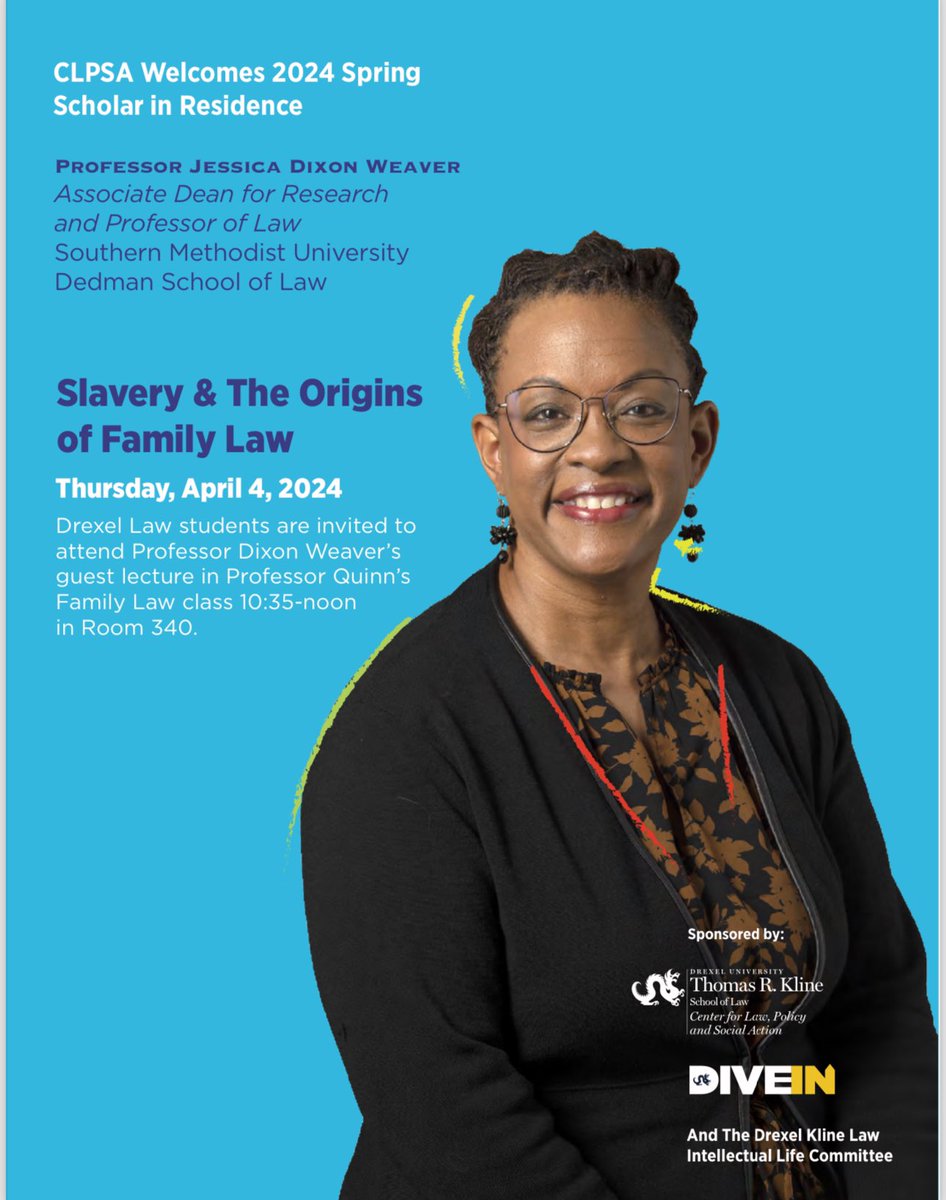 As Director of @DrexelKlineLaw Center for Law, Policy & Social Action (CLPSA), I am elated to host nationally renowned family law & children’s rights scholar-advocate, Professor Jessica Dixon Weaver @ProfJDWeaver (@SMULawSchool), as CLPSA’s Spring 2024 Scholar in Residence!🌟