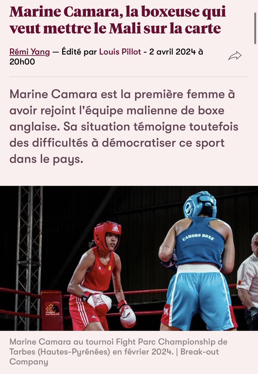 Retrouvez l’article écrit par @RemiYang pour @Slatefr sur mon parcours et mes ambitions avec le Mali ! Merci à Nafara Keita et Mohsen Abdel Fattah @mohse pour leur partage d’expérience. Abora Malila  🙌🇲🇱🎯

slate.fr/story/266310/m…

#boxe #mali #paris2024