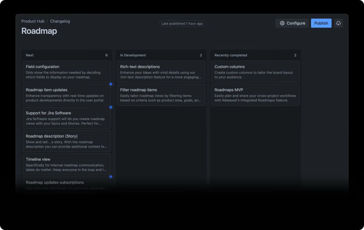 Released Roadmaps are in beta now! 

Easily create and share Jira Product Discovery roadmaps with your teams and customers. 

See what’s included in the beta here: released.so/changelog?rele…